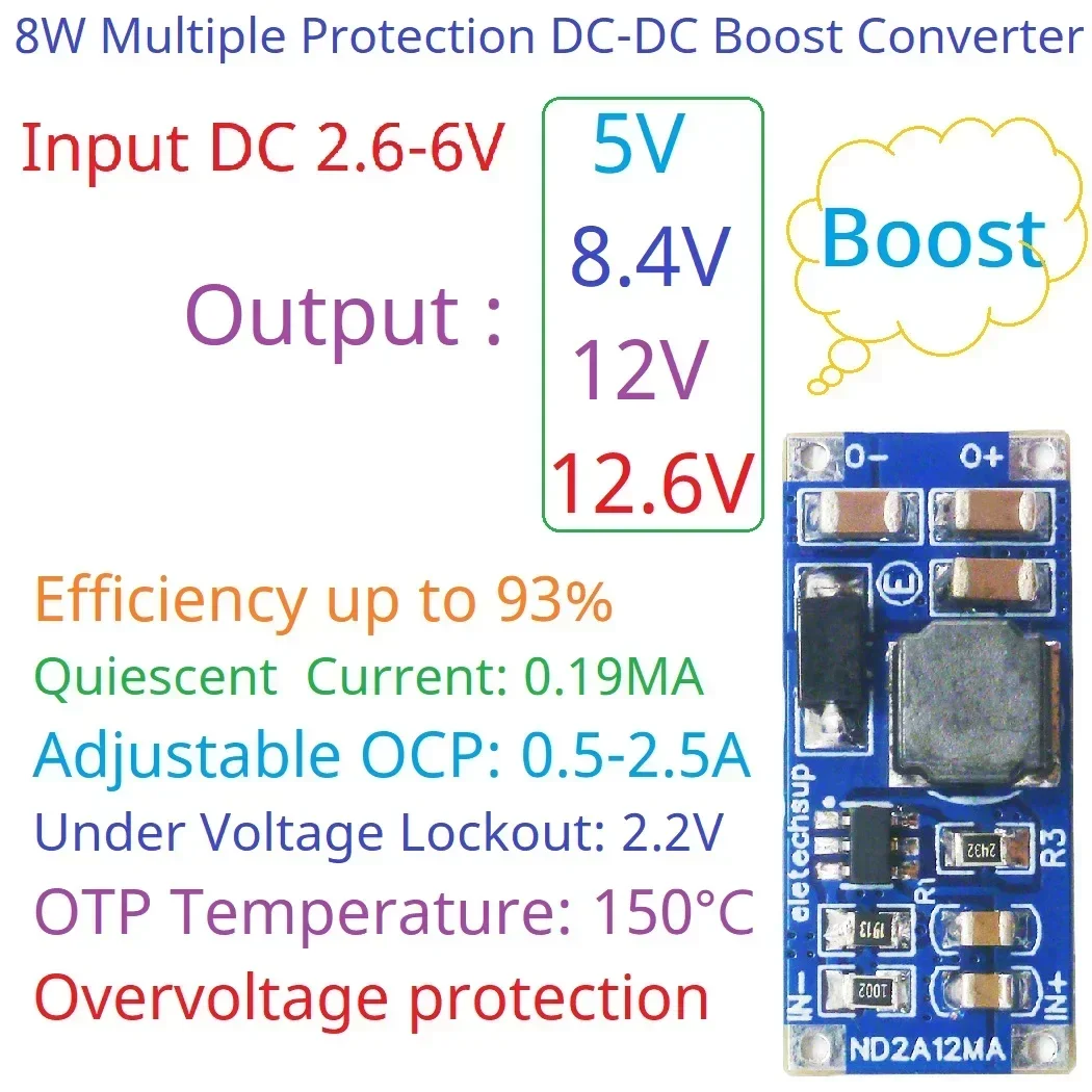 8W UVL OTP OVP SCP 2,6-6V naar 5V 8,4V 12V 12,6V DC-DC Boost Step-up Converter Stroomlimietprogramma 0,5-2,5A Board LED Lion Lipo