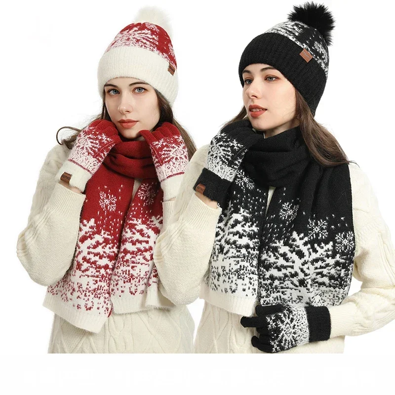 Christmas Snowflake Knit 3Pcs Set Winter Warm Pom‑pom Beanie Hat Touchscreen Gloves Long Scarf Soft Cold‑proof Matching Accessor