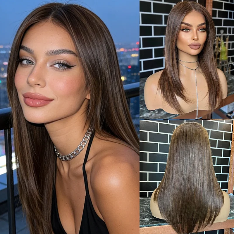 

Бесшовный парик без клея, маленький и большой размер, коричневый с блондом, мягкий парик с HD-кружевом спереди, модный прямой парик 13x4, синтетический парик с центральной частью