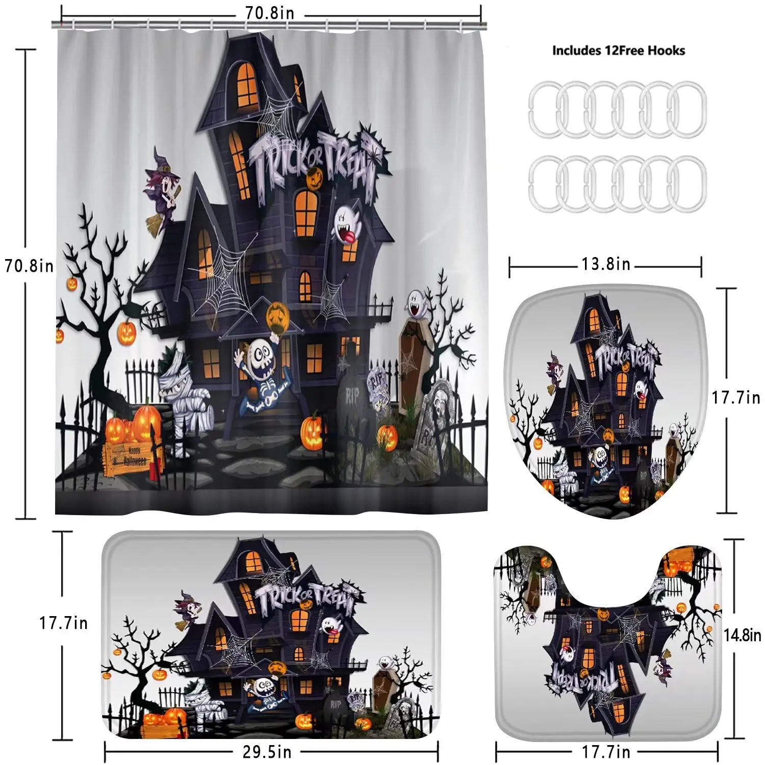AZHM 4 Pcs Halloween Haunted House Shower Curtain Set for Bathroom Bathroom Decor Set with Waterproof Curtain, Bath Mat Toilet Lid Cover U-Shape Rug 12 Hooks 71*71 in for Toilet Washroom