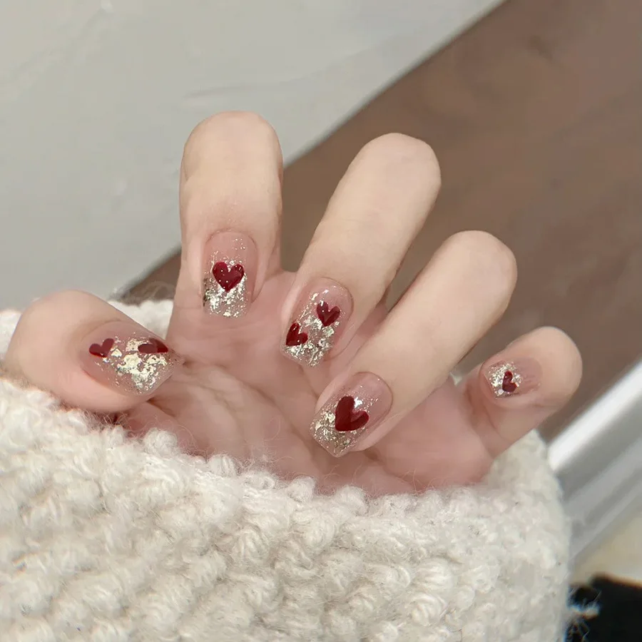 24pcs/set Short Square fake nails for women gilrs cute red white heart full cover nail tips acrylic press on false nail art set