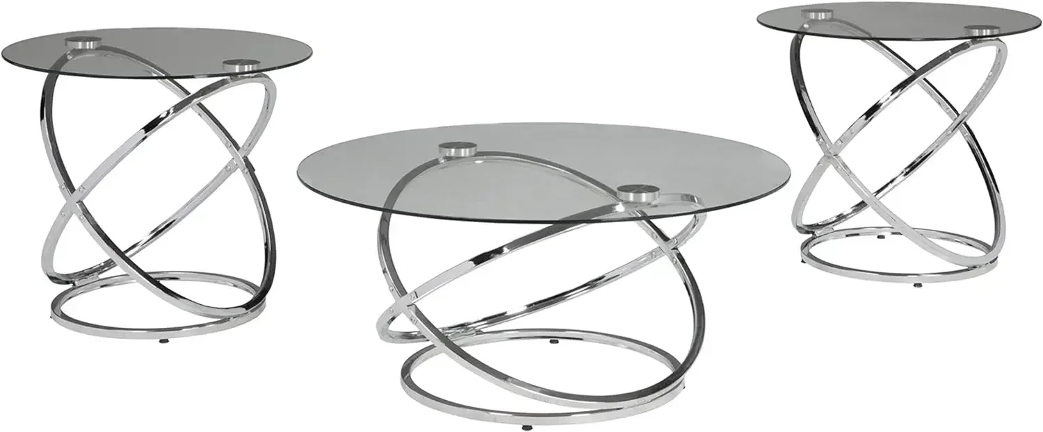 Signature Design by Ashley Hollynyx Contemporary Round 3-Piece Occasional Table Set, Includes Coffee Table and 2 End Tables, Chr