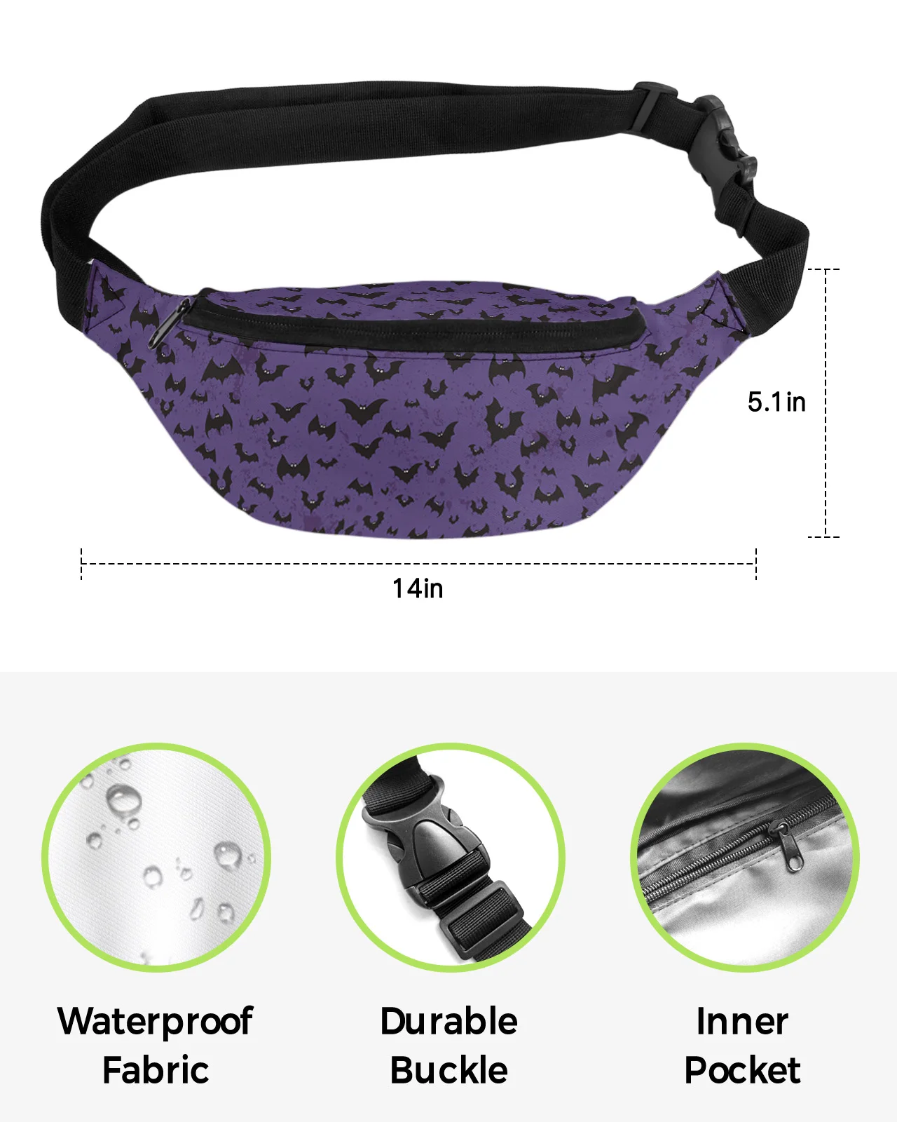 Unisex Halloween Tema Bat Purple Waist Packs, Shoulder Bag, Messenger Bag, moda casual, Fanny Pack para mulheres