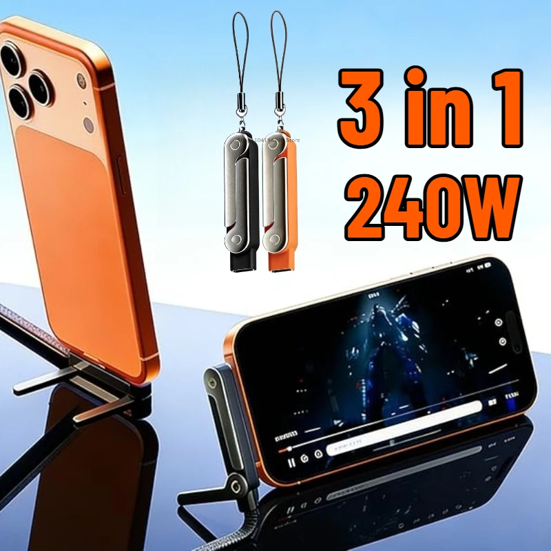 2-w-1 240W Składany uchwyt na telefon z szybkim ładowaniem, uchwyt na telefon/tablet, konwerter Type-C męski na USB-C żeński ze składanym uchwytem — 2