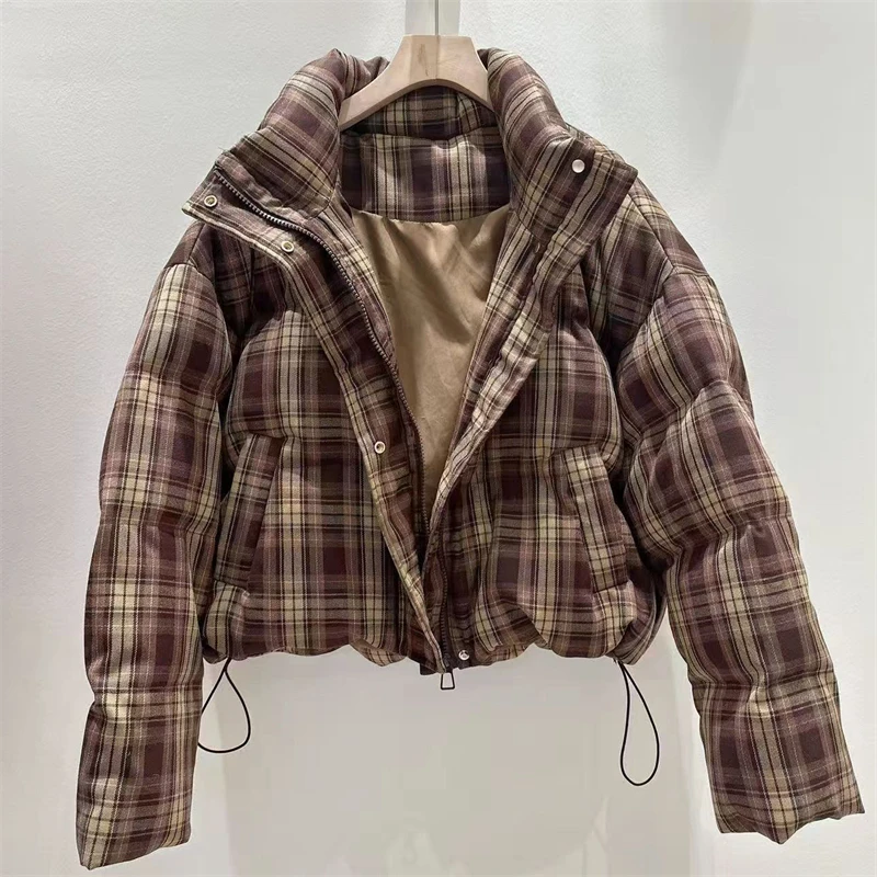 高品質の冬の女性のキルティングチェック柄ショートダウンジャケットスタンドカラーレトロY2Kファッションカジュアル厚手暖かいグースダウンアウターウェア