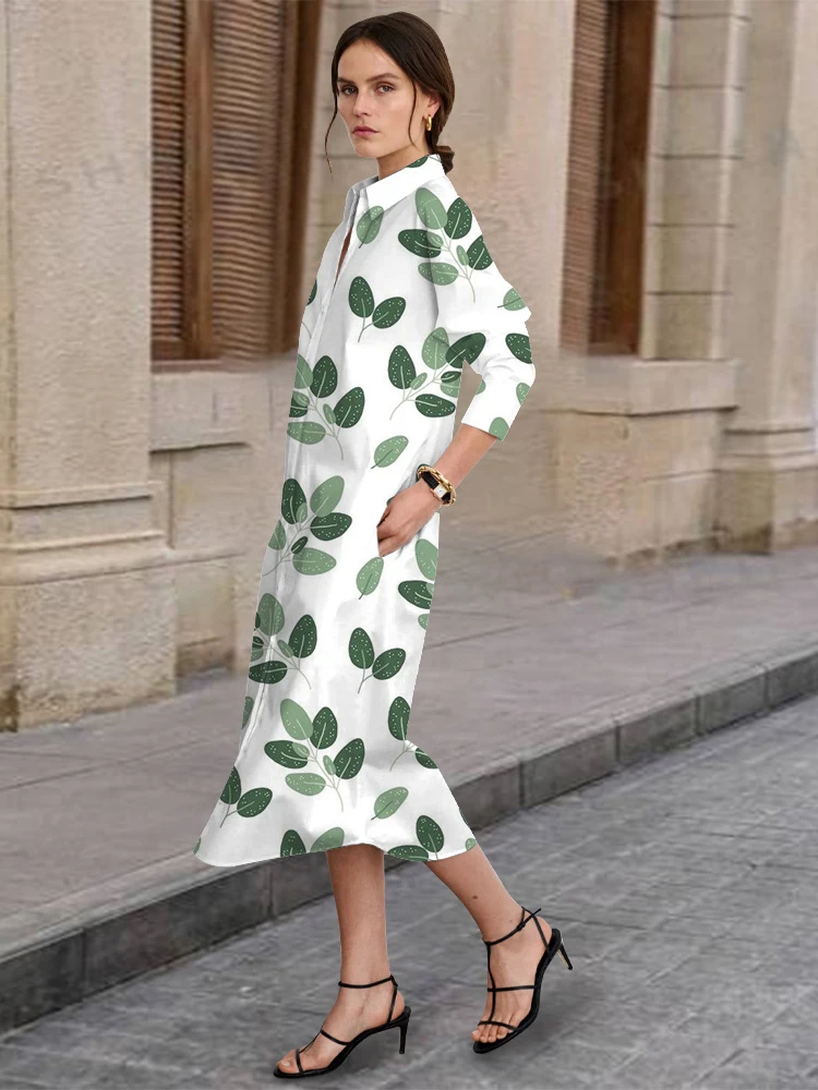 Women's Elegant Long-Sleeved Lapel Dress Spring and Autumn Urban Street Fashion Casual Single-Breasted Shirt Dress Hawaiian Prin - Image 3