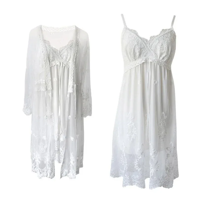 Bear's Den 2 Pieces Set Women White Lace Elegant Nightgowns Nightdress Sleepwear Lolita Spring Summer Palace Style Vin New 2025