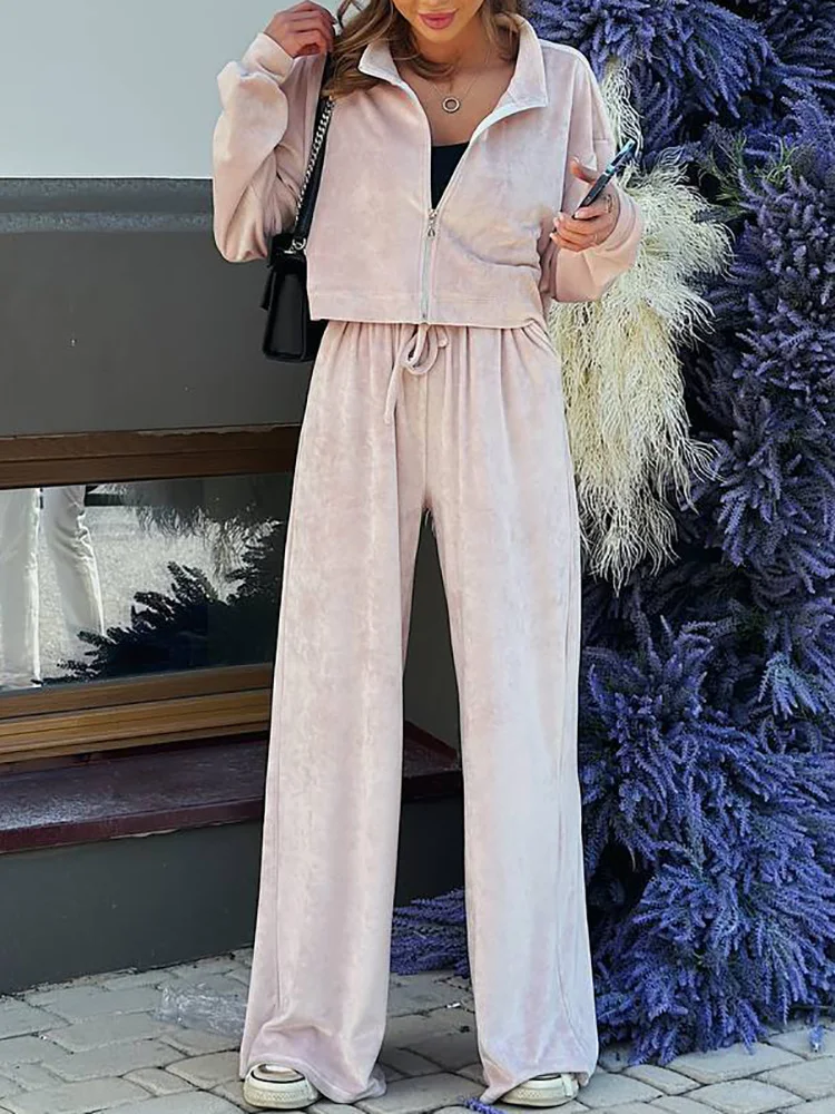 Long Sleeve Zipper Top Wide Leg Pants Two Pieces Matching Sets Women Autumn Winter Loungewear Solid Ladies Outfit Dropshipping