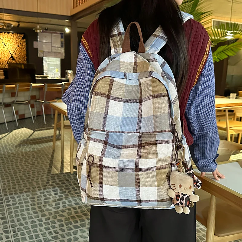 Checkered Backpack for Girls 2024 New Campus Junior and Senior High School Students, Casual Trendy Travel Backpack