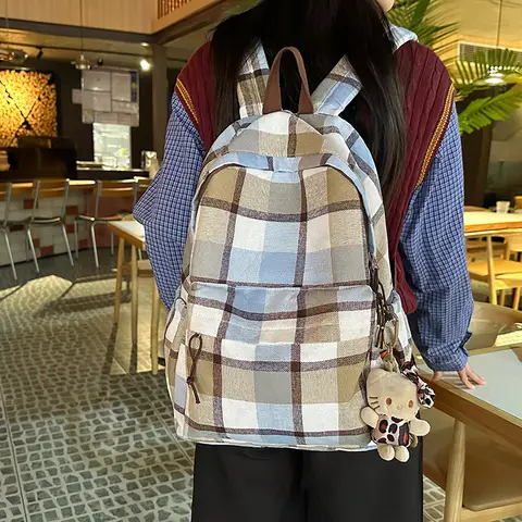 여아용 체크 무늬 배낭, 캠퍼스 중학생 및 고등학생, 캐주얼 트렌디 여행 배낭, 2024 신상