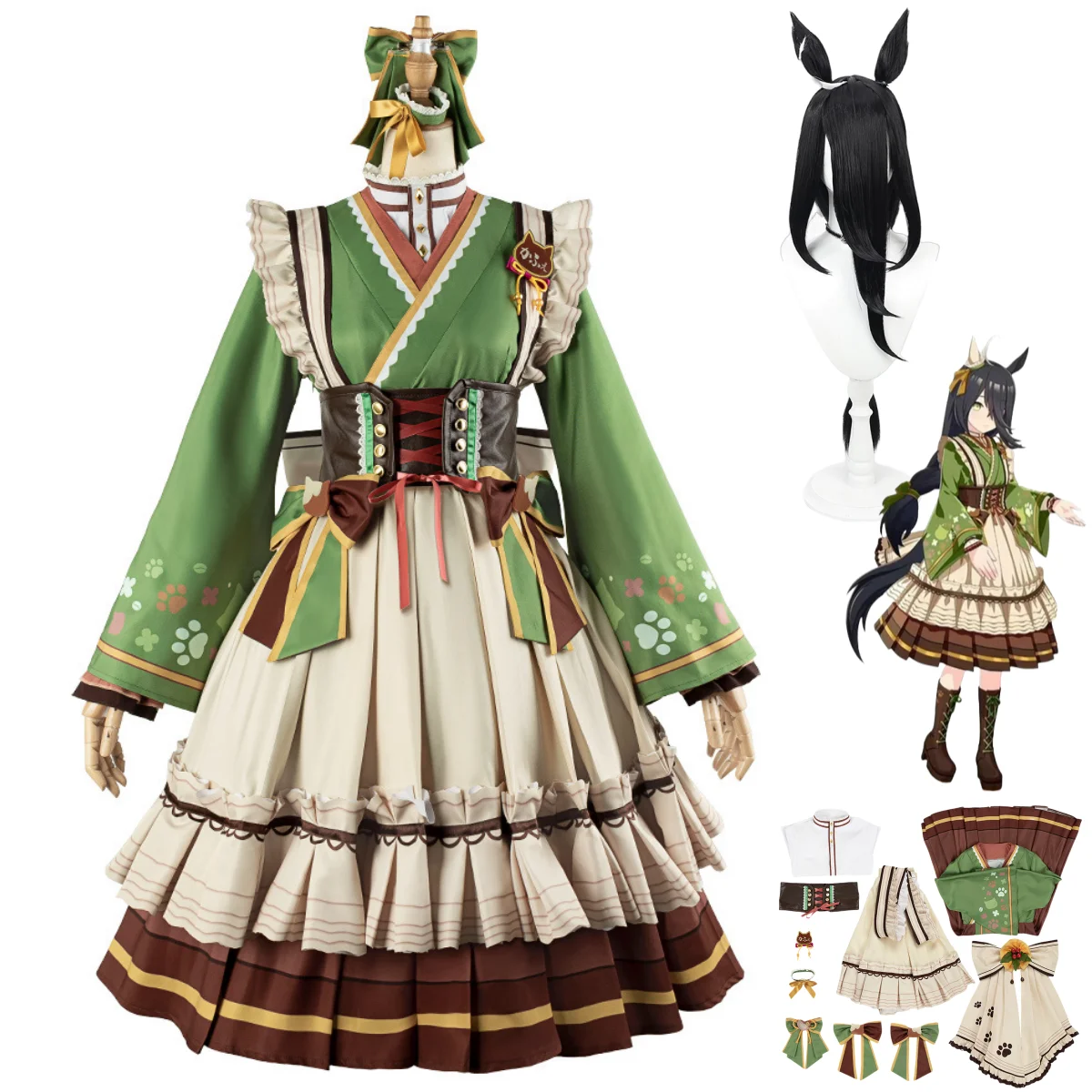 Game Umamusume: Pretty Derby Manhattan Cafe Cosplay Costume Wig Winning Uniform Green Lolita Dress Woman Lovely Carnival Suit