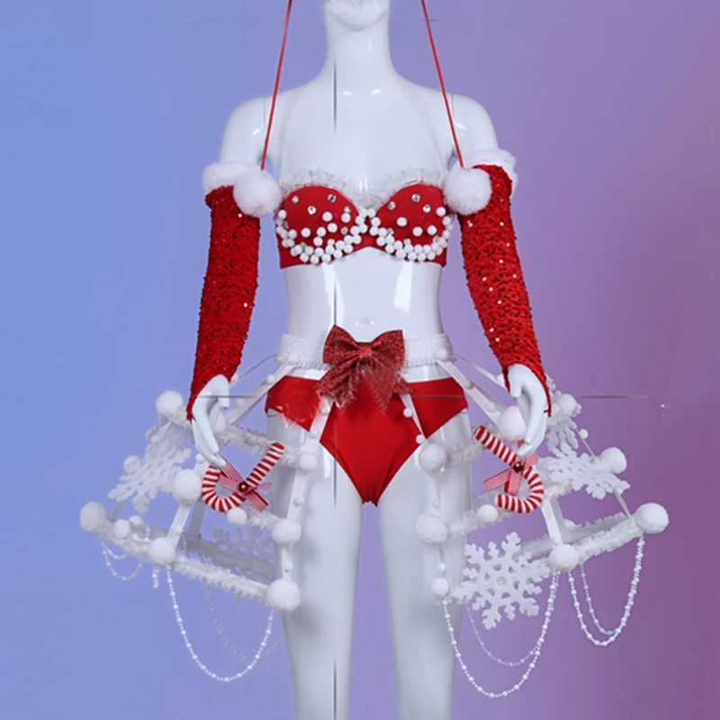 Christmas Jazz Dance Festival Outfits Women Gogo Dance Costume Red Sequins Bikini Sexy Pole Dance Clothes Stage Wear XS10619