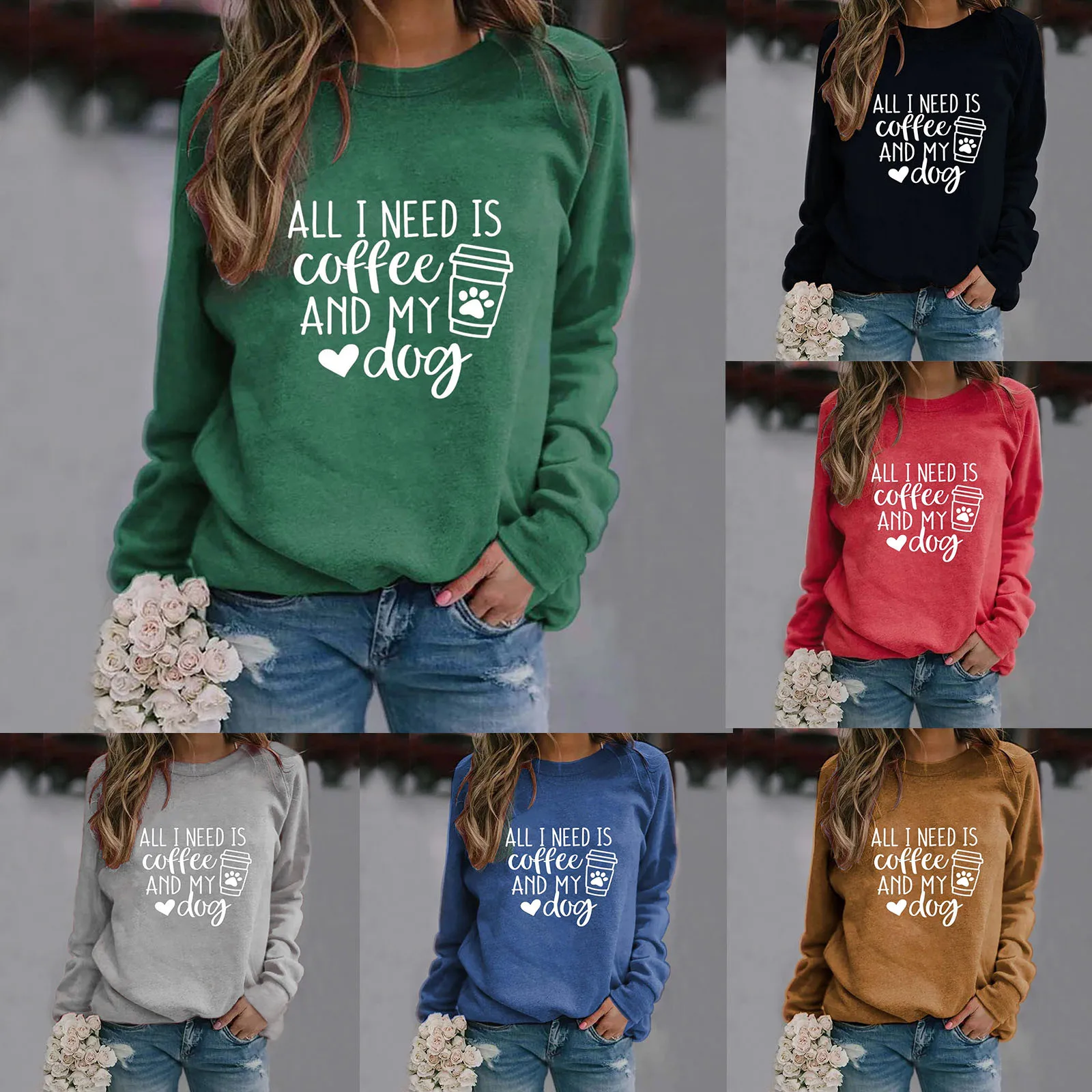 

Spring Women'S Casual Printed Top Solid Colour Round Neck Pullover Sweatshirt Tee Long Sleeve Loose Versatile T Shirt Tops