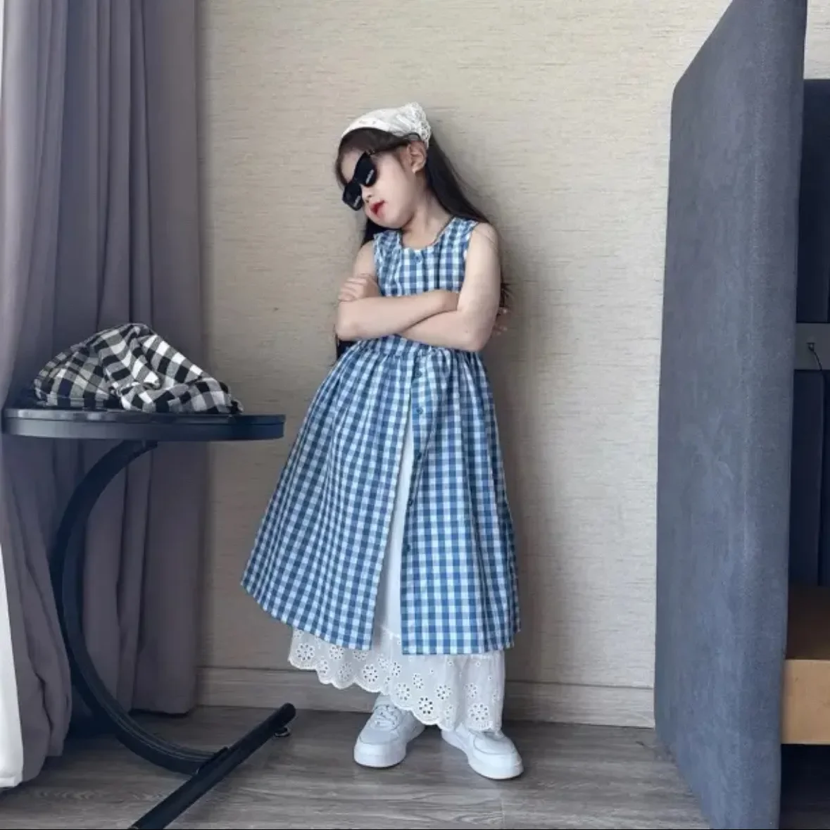 

Teen Girls Dress Summer 2026 New Style Mid To Large Children's Stylish Plaid Skirt+Half Skirt 2-piece Set