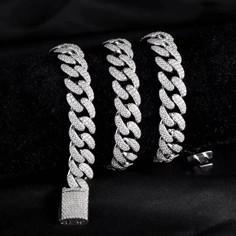 Fashion New Design Hip Hop Jewelry 8-20mm 925 Sterling Silver Micro Paved VVS Moissanite Iced Out Cuban Link Chain Necklace..