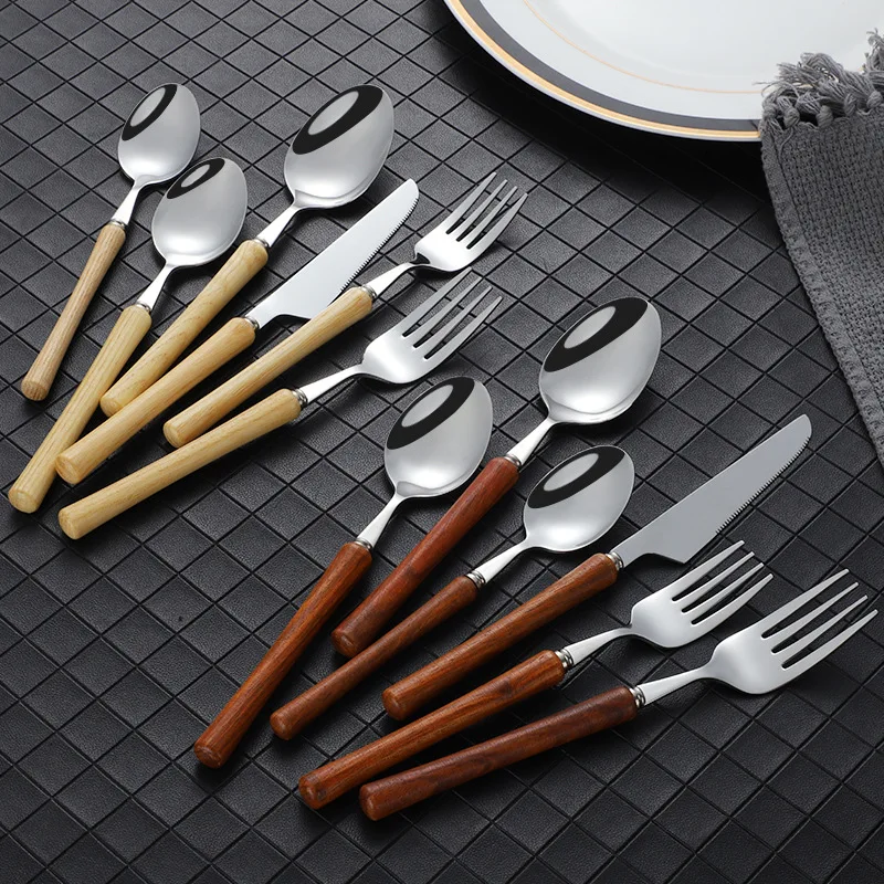 100Pcs Japan Style Wooden Handle Stainless Steel Steak Knife Fork Spoon Hotel Western Tableware Dessert Spoon Fork Coffee Spoon