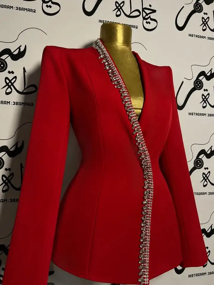 Fashion Women 2 Pieces Pant Suit Rhinestone Trim Blazer Trousers Set Slim Fit Formal Gala Party Ladies Wear Coat Customized