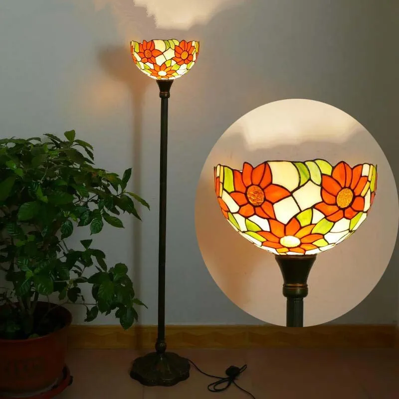 

OUFULA Tiffany Floor Lamp American Retro Living Room Bedroom Lamp Country Stained Glass Floor Lamp