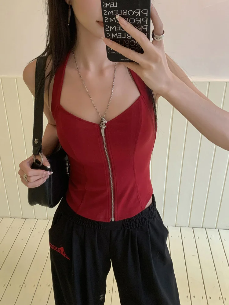 

Красный женский летний сексуальный топ с V-образным вырезом и бретельками, на молнии, 100% хлопок, приталенный, средней длины, повседневный, в корейском стиле