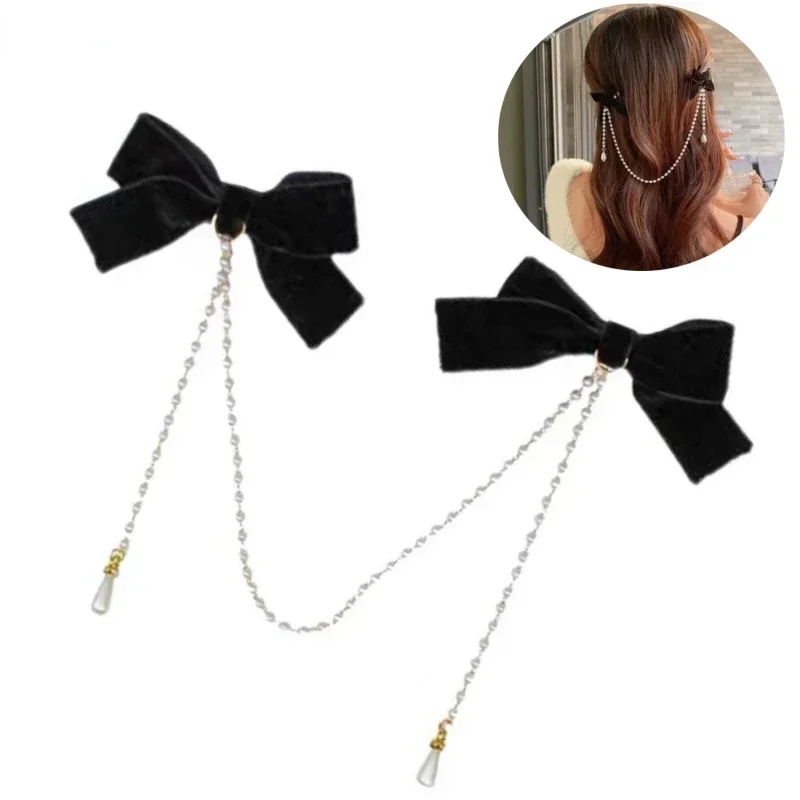 1PC Black Tassel Elegant Retro Bow Pearl Chain Hair Clip Sweet Hair Accessory Headband Hair-Clip Fashion Hair-Accessories