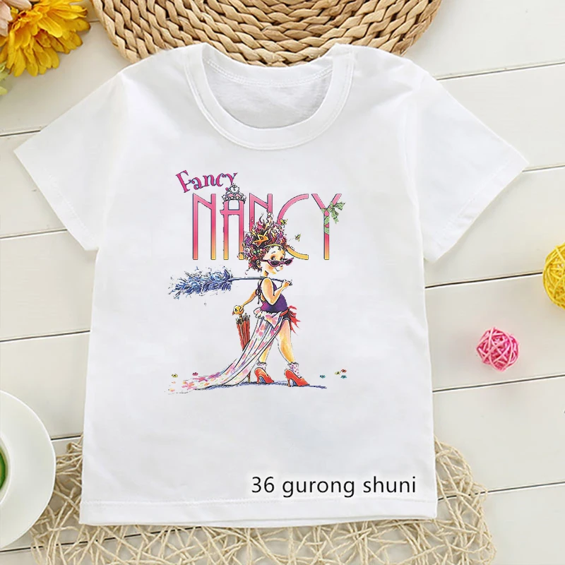 Watercolor Fancy Nancy Graphic Print T Shirt For Girls Pink White Kids Clothes Harajuku Kawaii Shirt Summer Tops T-Shirt