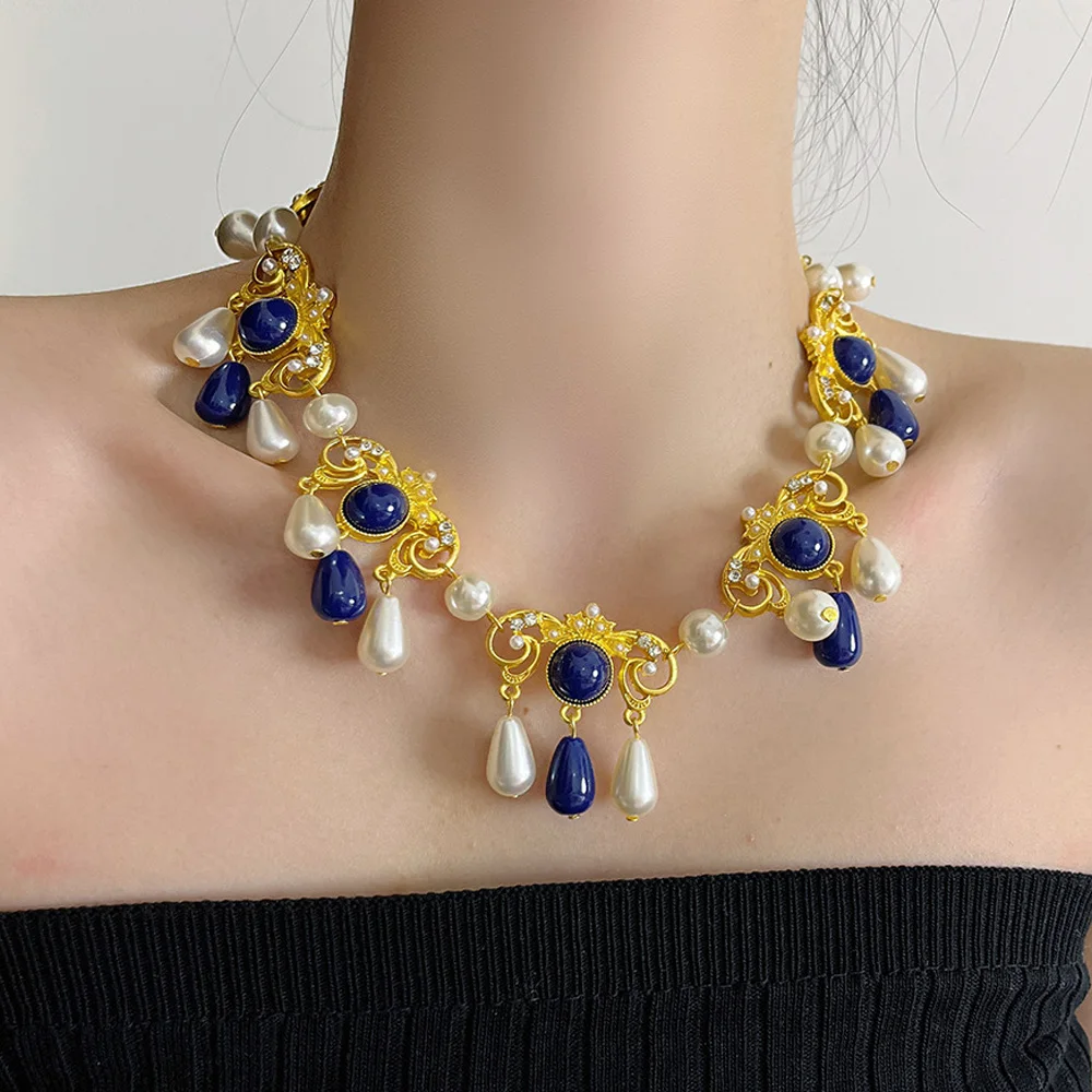 

Vintage Pearl Water Drop Simple Amethyst Stone Glaze Tassel Necklace Female Fashion Light Luxury Niche Collarbone Chain