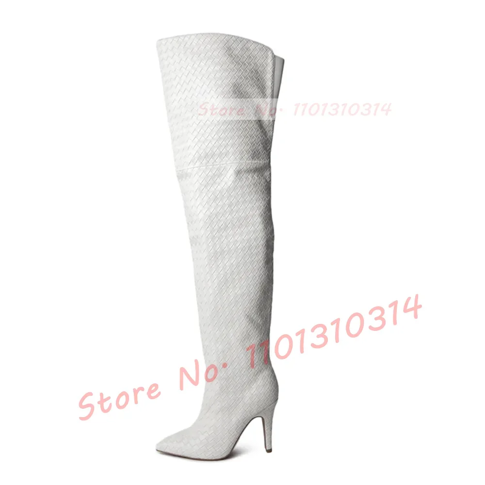 White Woven Thigh High Boots Ladies Sexy Back Hollow High Heels Boots Pointed Toe Street Style Women Side Zipper Casual Shoes