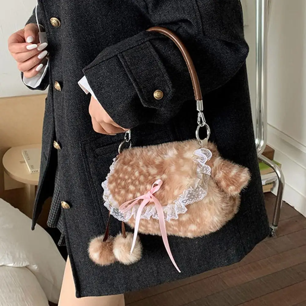 Lolita Plush Handbag Cute Lace & Bow Decor Faux Fur Shoulder Bag Vintage Brown Top-handle Bag Spotted Deer Pattern Underarm Bag view 2