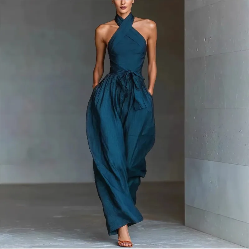 

Women's Sexy Halter Backless Jumpsuit Woman Spring Elegant Solid Tie Waist Romper Summer Hollow Wide Leg Pocket Overalls Women