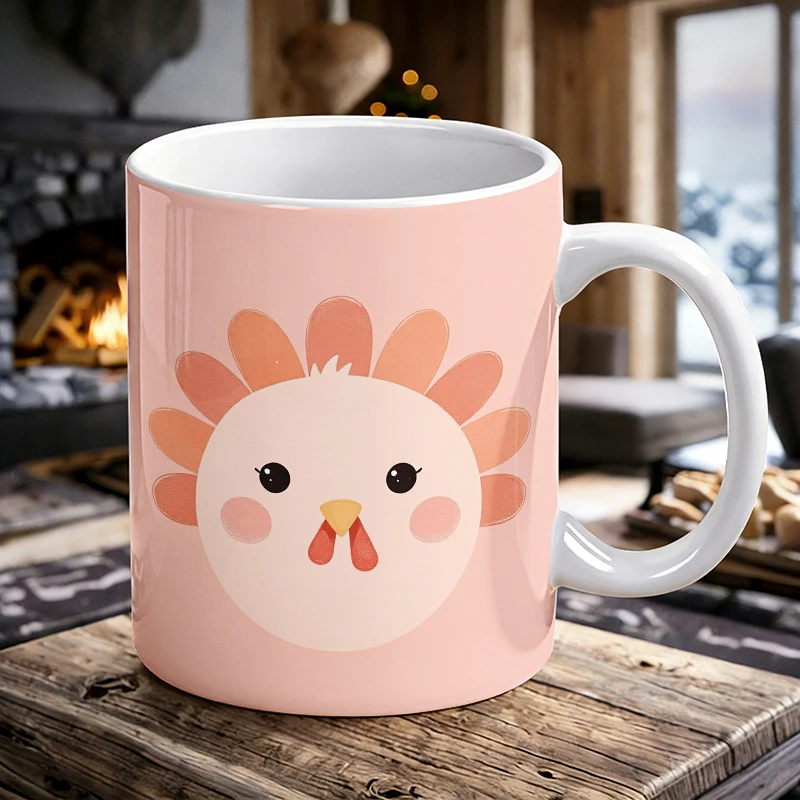

11 oz Cute Turkey Handle Ceramic Mug, Full-Print Pattern Coffee Cup, Insulated Milk Cup, Office Water Cup, Fade-Resistant