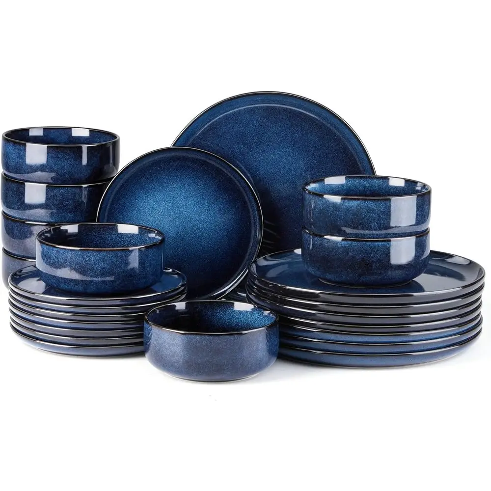 

24-Piece Stoneware Plates and Bowls Set, Ceic Reactive Glaze Dinnerware, Microwave & Dishwasher Safe - Deep Sea Blue