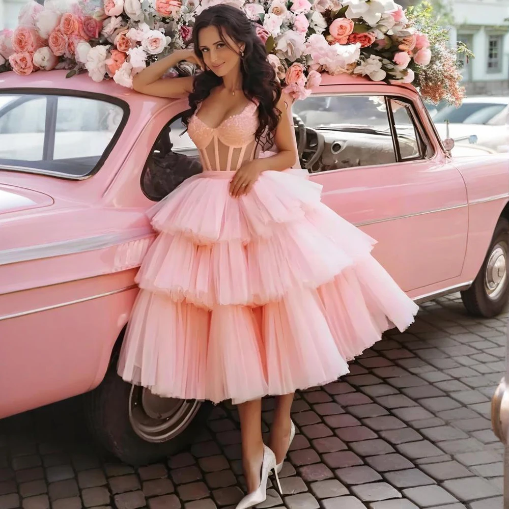 

Cute Layered Tulle Pink Homecoming Dresses Beaded Off the Shoulder Tea Length Prom dresses Ball Gown dubai Evening gown Lace Up