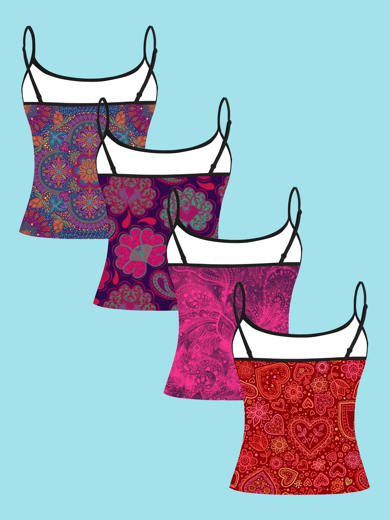 4-Piece Set of Women's Spaghetti Strap Camisoles with Mandala Paisley Retro Floral Print, Slim-Fit Sleeveless Tops, Bohemian Vacation Style Outerwear and Inner Layering Shirts