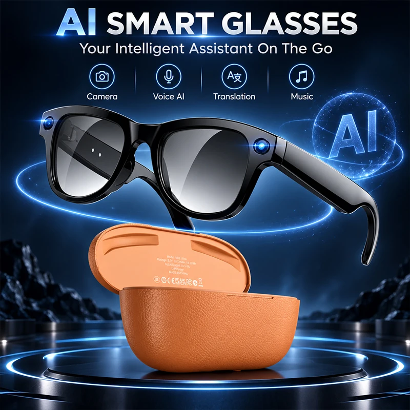 AI Smart Glasses Recording Video Camera 2026 Wireless Bluetooth Voice Assistant Control Photochromic Sunglasses Charging Case