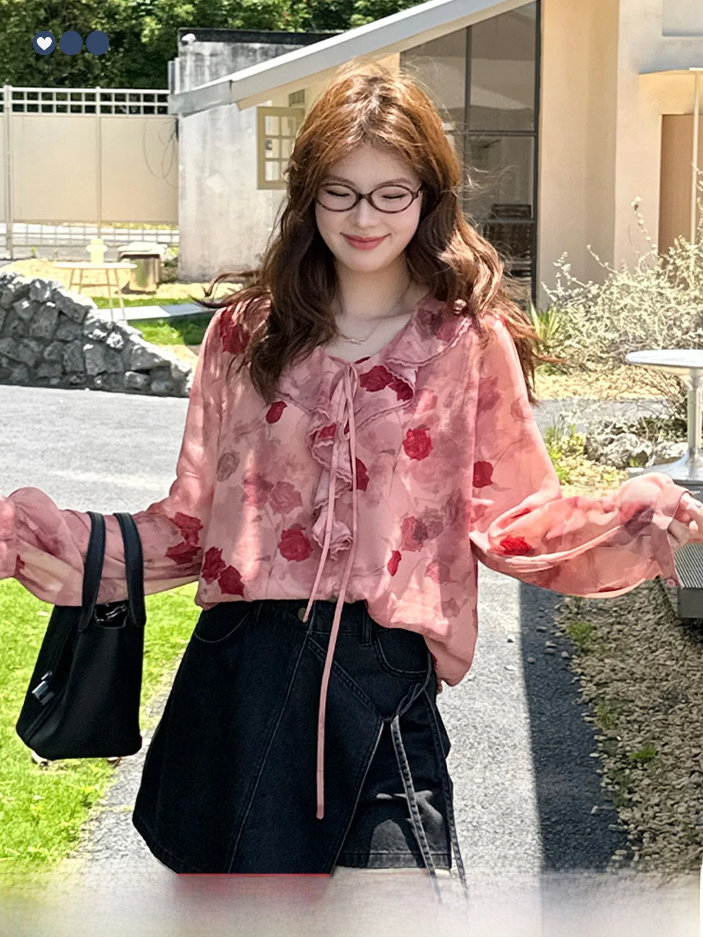 

Large Size Floral Print Chiffon irt Women's Loose Fit V-Ne Long Sve Breathable Summer Top Ele Vintage HongKong Sle