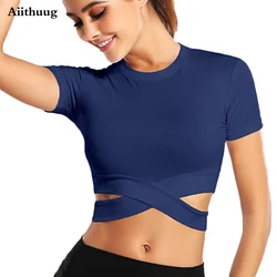 Aiithuug cintura Sexy Yoga manga corta cintura entrecruzada transpirable gimnasio camisas deportes Tops entrenamiento Fitness Crop Top Yoga Top