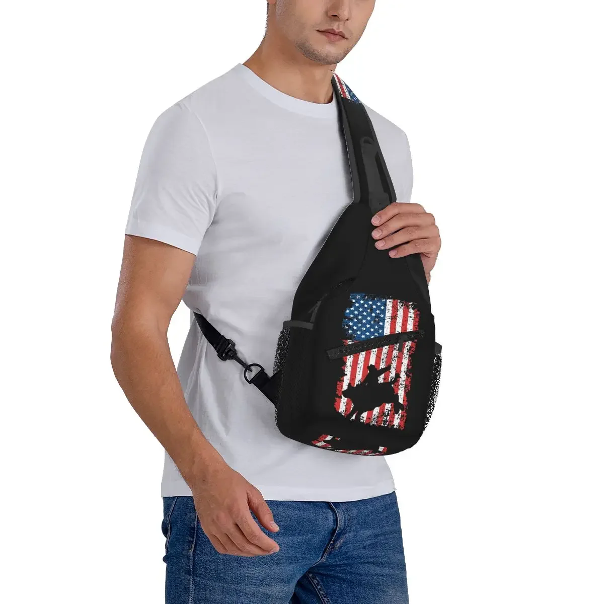 Bull Rider, Rodeo, American Flag Chest Bag Men Sling Crossbody Backpack Chest Bag Traveling Hiking Daypack Shoulder Bag