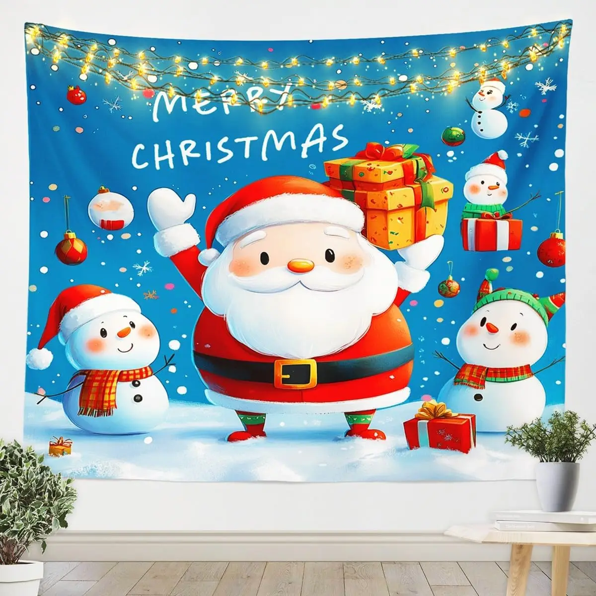 Cartoon Santa Claus Tapestry,Cute Snowman Wall Hanging Art,Merry Christmas Wall Blanket for Kids Girls Boys Bedroom/Living Room
