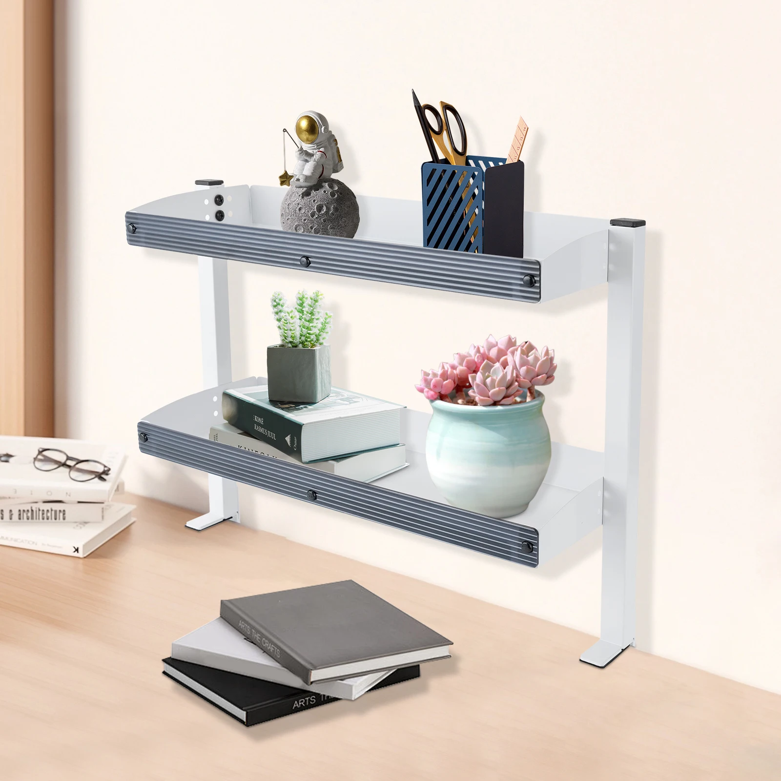 

2-Tier Shelving with Adjustable Storage,White Storage Tray,for Living Rooms
