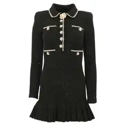 Brand Designer 2026 Autumn/Winter Black Button Knitted Dress Women Small Fragrant Style Long Sleeve Sweater Short Skirt Dresses