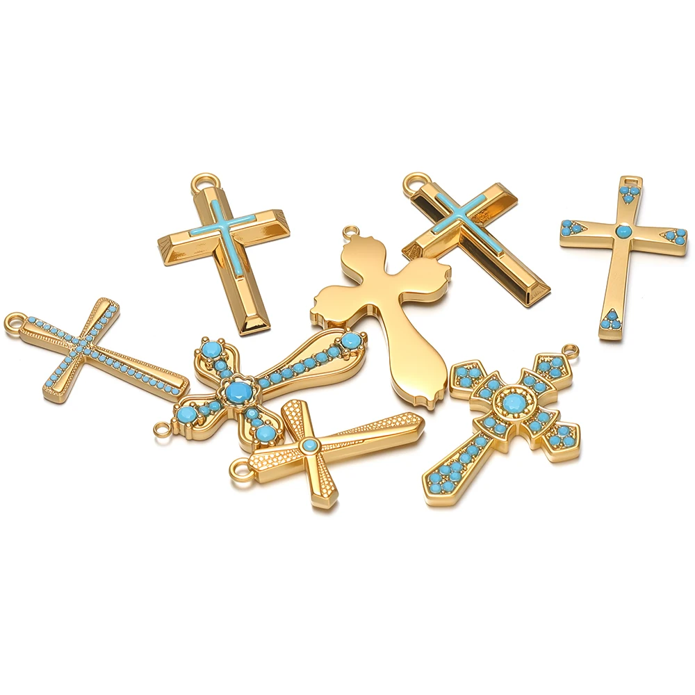 4 Stück Edelstahl-Türkis-Kreuzanhänger für religiöse Halsketten, Anhänger, Armband-Zubehör, DIY-Schmuckherstellung, Ohrringe – Detail 3