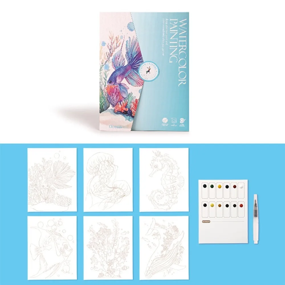 6-Page Foldable Watercolor Painting Kit High-Quality Paper With Painting Brush Watercolor Coloring Book 12 Colors