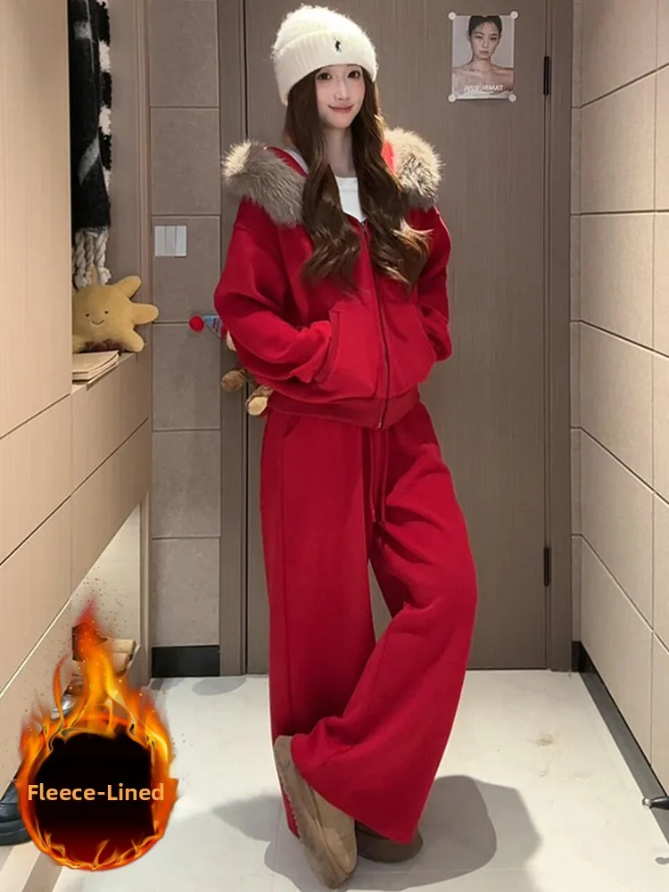 

Women's Winter Fashion Thickened Fleece Lined Coat And Wide Leg Pants Two Piece Set High Waist Elastic Micro Stretch
