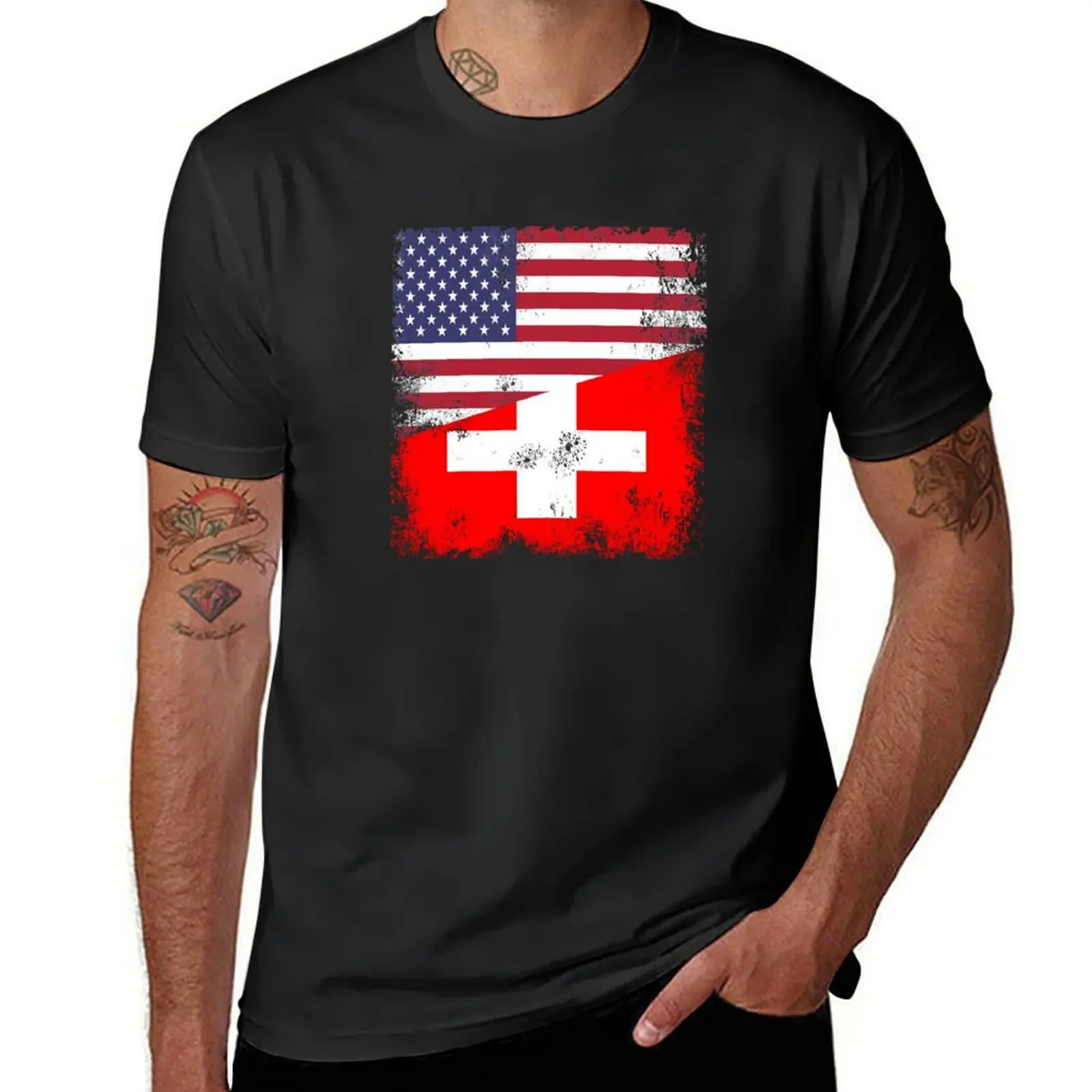 Half Swiss Flag Design | Vintage Switzerland USA Gift T-Shirt kawaii clothes hippie clothes t shirt for men