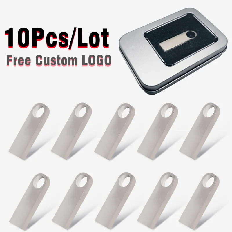 10 ชิ้น/ล็อตโลหะเงินมินิ USB2.0 แฟลชไดรฟ์ 4GB 8GB 16GB 32GB 64GB 128GB และกล่องโลหะฟรีโลโก้ที่กำหนดเอง