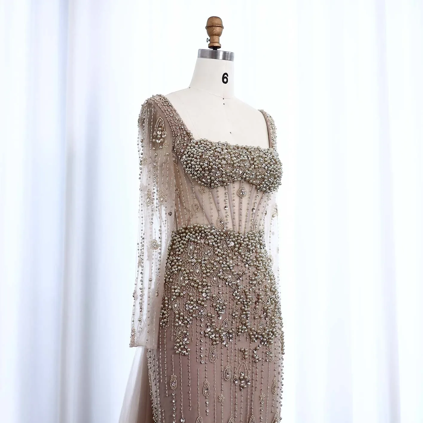 Sharon Said Luxury Arabic Caramel Mermaid Evening Dress with Overskirt Sleeves Formal Gowns For Wedding Party SS148 Customized