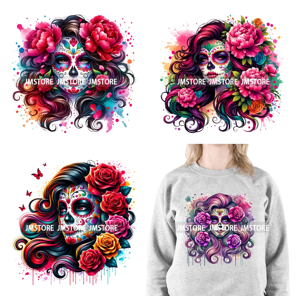 La Catrina Day Of The Dead Floral Sugar Skull Mexican Girls Halloween Iron On DTF Transfers Stickers Ready To Press For Hoodies