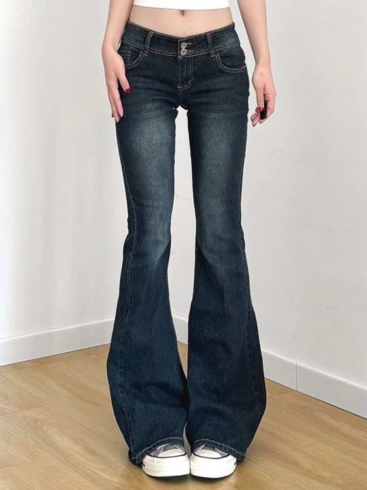 HOUZHOU Vintage Y2k Flared Jeans Harajuku 2000s Low Rise Washed Denim Pants Retro Casual Slim Up Aesthetic Trousers Streetwear
