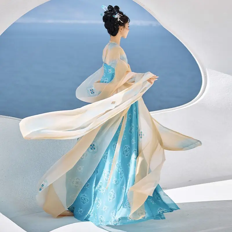 2025 Hanfu 드레스 여성 중국어 빈티지 그린 블루 오렌지 Hanfu 드레스 여성 무대 코스프레 의상 파티 복장 댄스 드레스