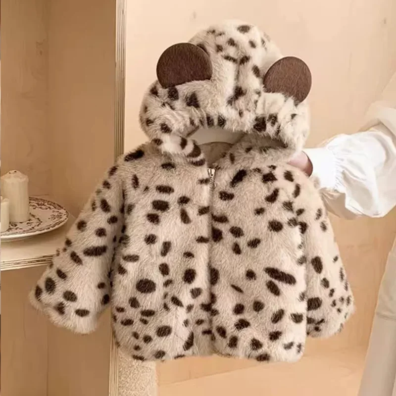 Kids Leopard Print Faux Fur Hooded Jacket Autumn Winter Double-Sided Plush Thick Warm Cotton Coat for Boys Girls 1-5 Years